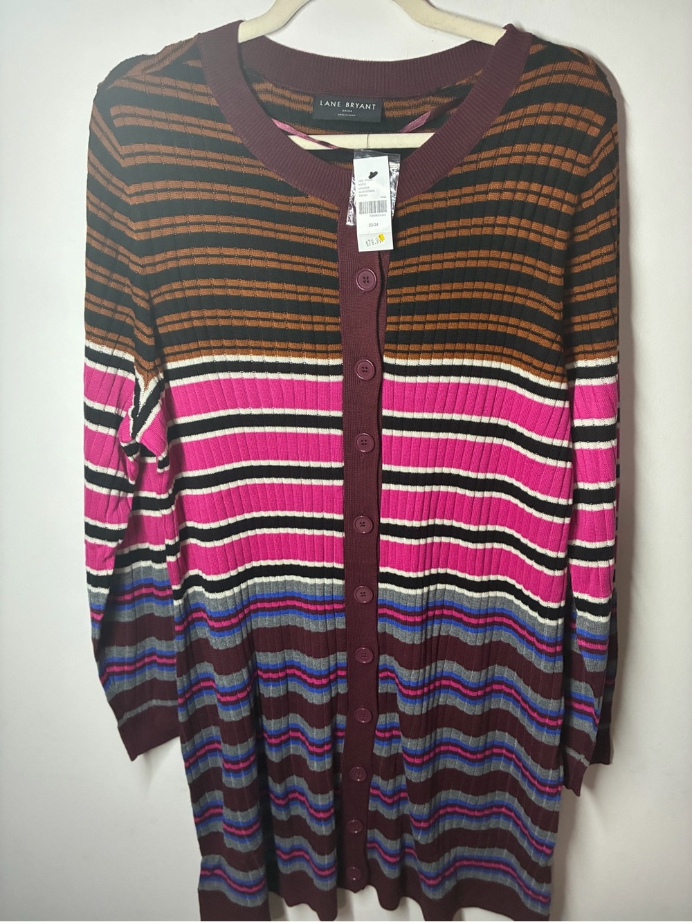 Lane Bryant Maroon Trim Multicolor Striped Button-Front Cardigan